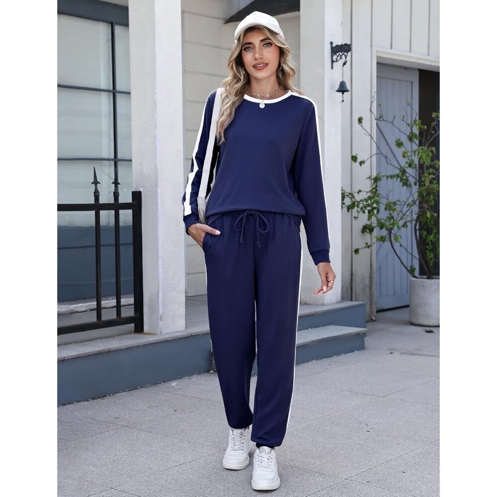Women Long Sleeve Tracksuit 2 Piece Set Cotton Polyester Spandex Lounge - Picture 2 of 8